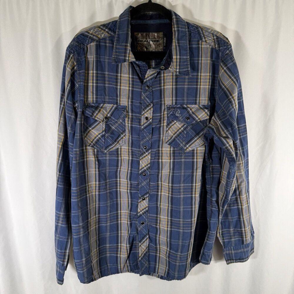 Realtree Pearl Snap Shirt Men's Xl Blue Yellow Plaid Long Sleeve Cotton Blend